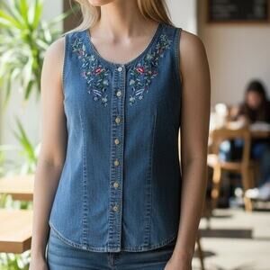 1990's Liz Claiborne Liz Wear Embroidered Sleeveless Denim Button Up Shirt